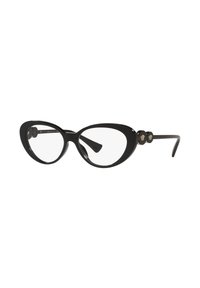 Occhiali nero a forma di occhio di gatto con finitura lucida, caratterizzati da dettagli dorati sulle aste e lenti trasparenti. Design retrò classico.