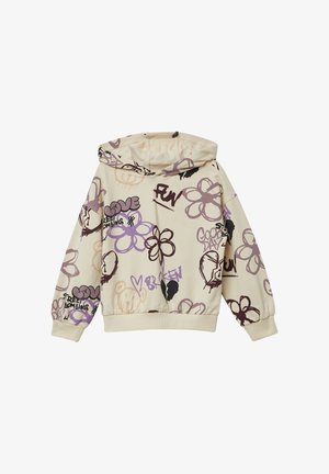 Hoodie in Creme mit bunten Blumen- und Graffiti-Designs in Lila, Braun und Schwarz. Elastische Bündchen und Saum.