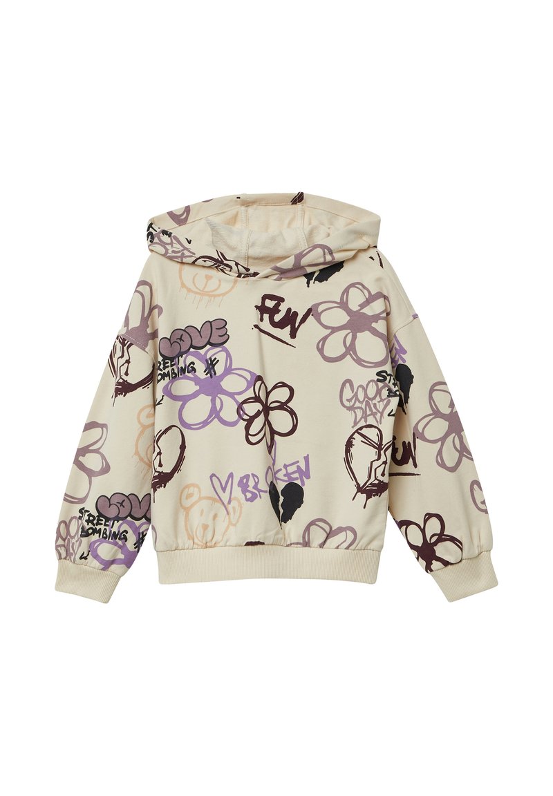 Felpa con cappuccio color crema, con design floreali e graffiti colorati in viola, marrone e nero. Polsini e orlo elastici.