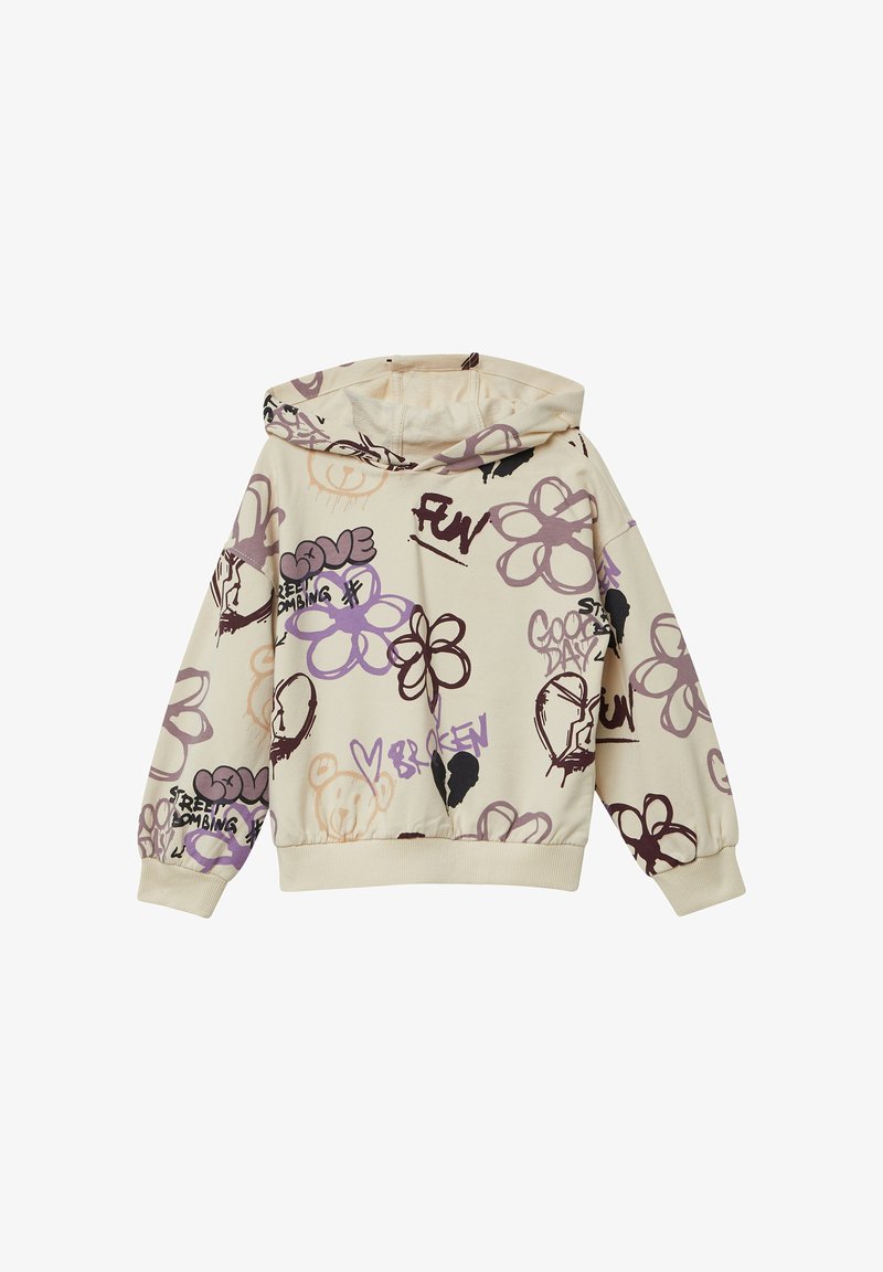 Kreemist kapuutsiga sviiter, millel on värvilised lille- ja graffitimaalingud lilas, pruunis ja mustas. Elastsed varrukad ja allserv.