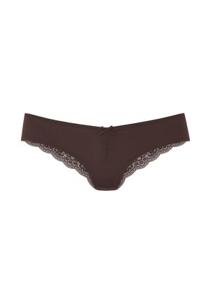 Hnedé nohavičky s nízkym pásom pre ženy, s čipkovaným lemom pozdĺž okrajov nohavičiek a malou mašličkou v strede predného pásika.