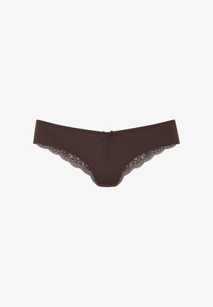 Hnedé nohavičky s nízkym pásom pre ženy, s čipkovaným lemom pozdĺž okrajov nohavičiek a malou mašličkou v strede predného pásika.