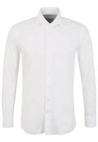 Witte langemouwen overhemd gemaakt van gladde stof, met een puntkraag, knoopsluiting aan de voorkant en knoopmanchetten.