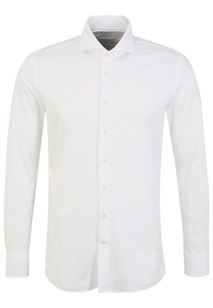 Camicia bianca a maniche lunghe realizzata in tessuto liscio, con colletto a punta, chiusura frontale con bottoni e polsini con bottoni.