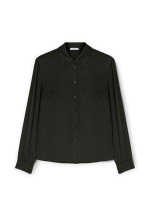 Blusa nera a maniche lunghe con apertura frontale a bottoni, colletto a punta e polsini arricciati, mostrata su uno sfondo bianco.