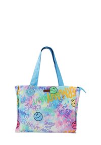 Sac fourre-tout multicolore avec un design dégradé mettant en avant des visages souriants et des messages motivants. Poignées bleu clair et patch logo.