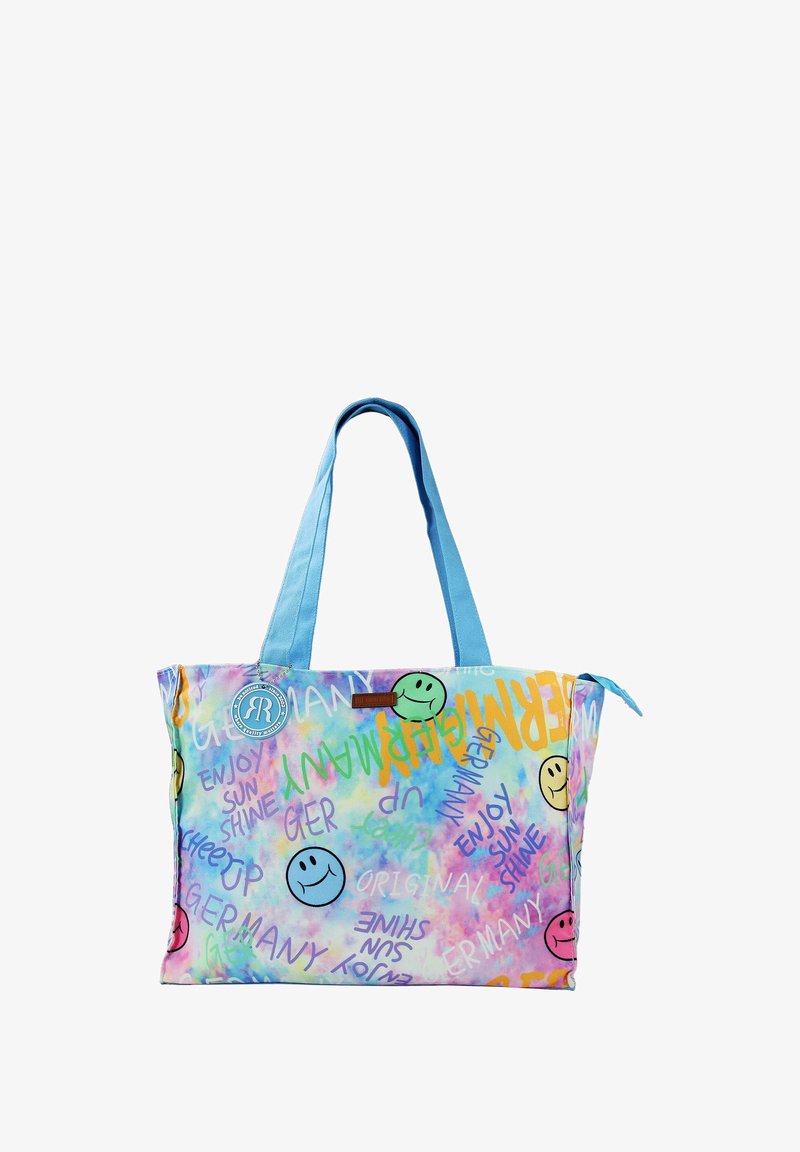 Sac fourre-tout multicolore avec un design dégradé mettant en avant des visages souriants et des messages motivants. Poignées bleu clair et patch logo.