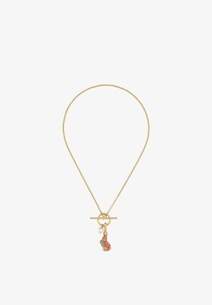 Ogrlica od zlatnog lanca s kopčom na preklop, s privjeskom u obliku bisera i malim zecom u crvenoj odjeći koji čita knjigu.