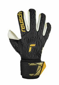 Schwarzer Torwarthandschuh mit texturierter Gummigriff, gelben Akzenten und einem sicheren Handgelenkriemen mit geometrischen Mustern.