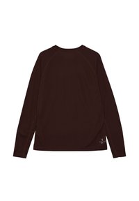 Dunkelbraunes Langarm-Performance-Shirt mit Raglanärmeln und kleinem weißem "Sorona®"-Logo nahe dem unteren Saum auf der Rückseite.