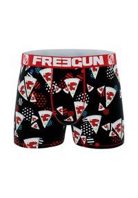 Boxer-briefs noirs avec un motif ludique de parts de pizza et de visages de dessin animé, taille rouge avec le logo "FREEGUN", tissu extensible.