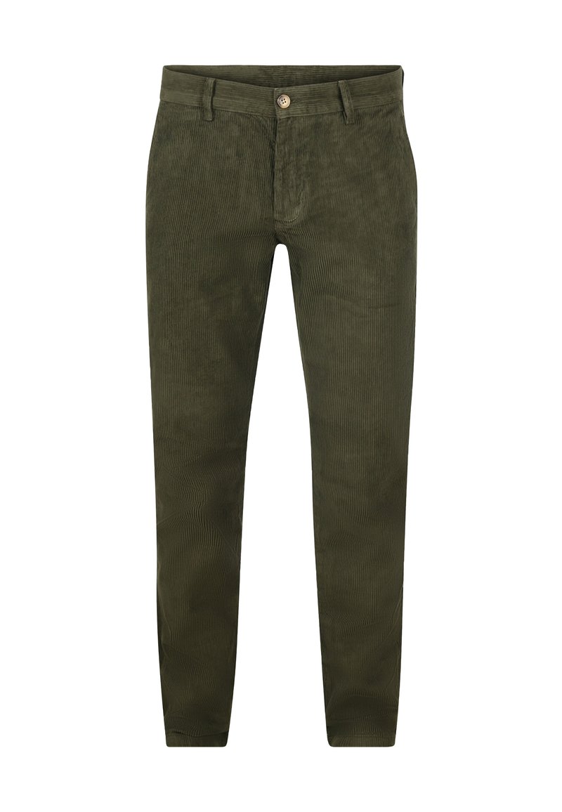 Olive green corduroy pants with front button, belt loops, and straight leg design against a white background.