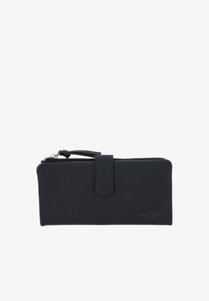 Schwarze rechteckige Lederbrieftasche mit Reißverschluss oben, Handgelenksriemen und zentraler Druckknopfverschlusslasche.