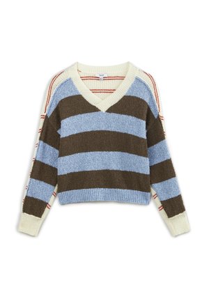 Maglione corto con scollatura a V, con strisce alternate in blu, marrone e crema. Texture morbida, orli e polsini a costine. Accenti rossi sulle maniche.