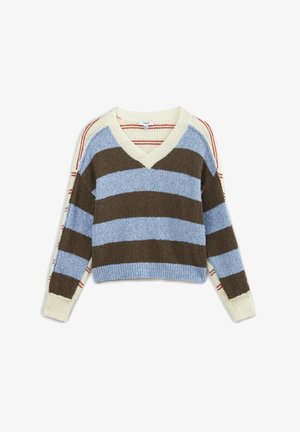 V-neck, cropped sweater with alternating blue, brown, and cream stripes. Soft texture, ribbed hem and sleeve cuffs. Red accents on sleeves.