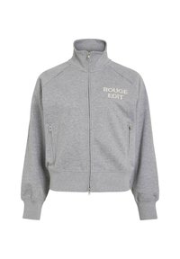 Graue Jacke mit Reißverschluss, hohem Kragen, zwei Seitentaschen und "ROUGE EDIT" in heller Farbe auf der Brust bestickt. Weiches Material und lockere Passform.