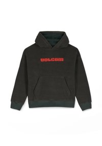 Czarnoszary polarowy hoodie z czerwonym napisem "VOLCOM" z przodu, z przednią kieszenią i zieloną podszewką, a także ściągaczami przy mankietach i u dołu.