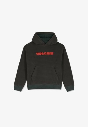 Felpa con cappuccio grigio scuro in felpa con il testo rosso "VOLCOM" sulla parte anteriore, tasca frontale e fodera interna verde con polsini e orlo a costine.