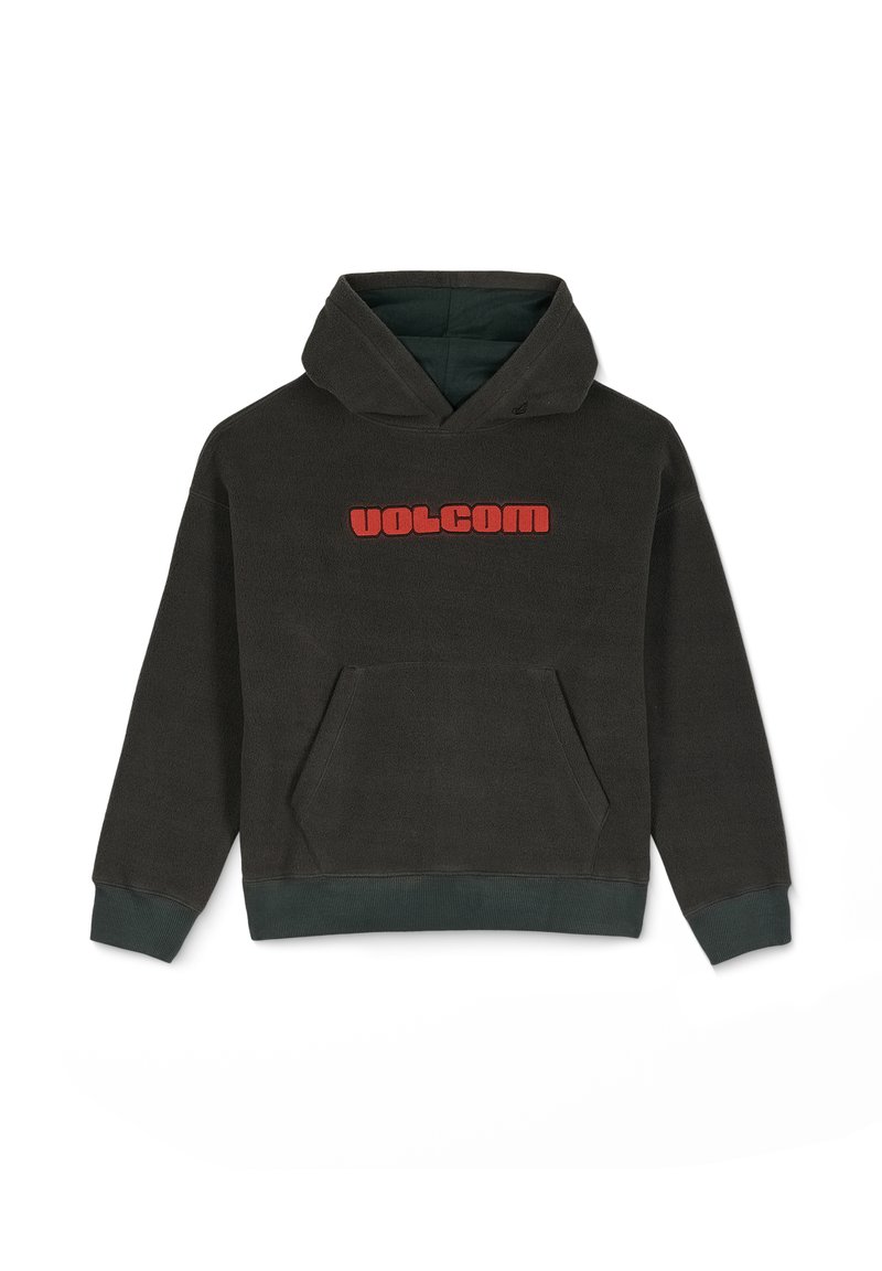 Czarnoszary polarowy hoodie z czerwonym napisem "VOLCOM" z przodu, z przednią kieszenią i zieloną podszewką, a także ściągaczami przy mankietach i u dołu.