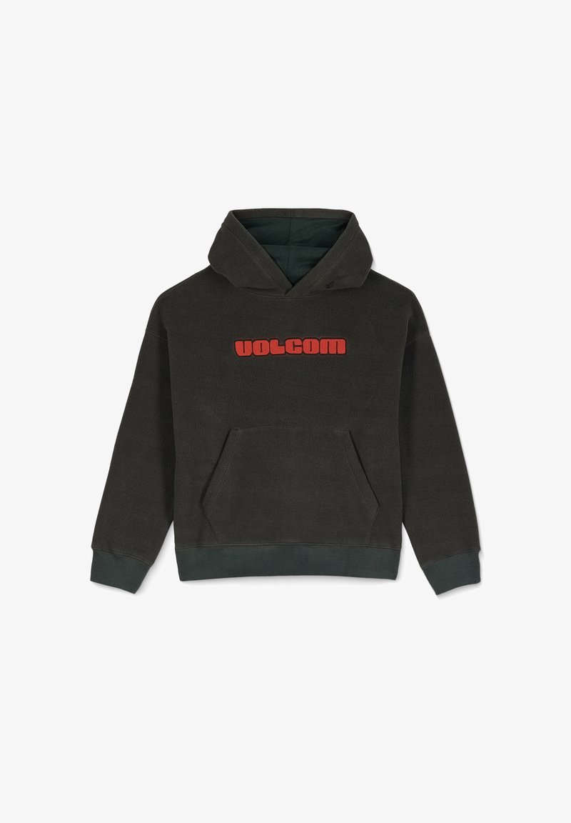 Sweatshirt en polaire gris foncé avec le texte rouge "VOLCOM" sur le devant, une poche avant et une doublure intérieure verte avec des poignets et un ourlet côtelés.