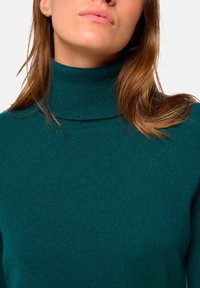 Frau trägt einen türkisgrünen, gerippten Rollkragenpullover, mit glattem braunen Haar, das über ihre Schulter fällt, gezeigt von Kinn bis Brust.