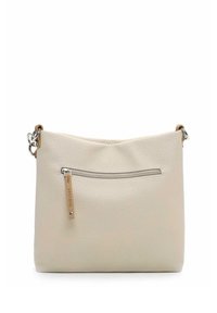 Cream-colored leather shoulder bag with textured finish, silver hardware, a front zip pocket, and a fabric strap with a leather accent.