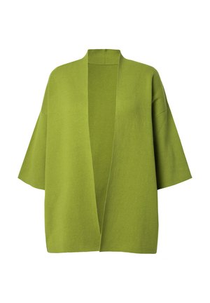 Cardigan verde aperto davanti con maniche larghe, realizzato in materiale morbido. Presenta una vestibilità comoda e un design minimale senza chiusure.