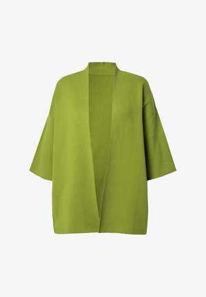 Cardigan verde aperto davanti con maniche larghe, realizzato in materiale morbido. Presenta una vestibilità comoda e un design minimale senza chiusure.