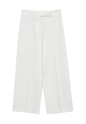 Weiße, weitem Bein geschnittene Hosen mit einer glatten Textur, ausgestattet mit einem verdeckten Reißverschluss vorne, Gürtelschlaufen und ohne sichtbare Muster oder Akzente.