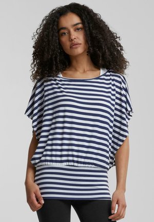 Striped knit top with a wide neckline, short batwing sleeves, and a gathered hem in navy blue and light blue colors. Soft texture.