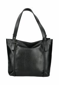 Sac fourre-tout en cuir noir avec de larges bandoulières, de forme rectangulaire, et une petite étiquette de marque en métal sur la bandoulière gauche.