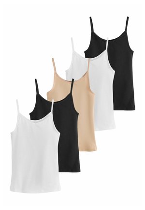 Cinci maie fără cusături pentru femei cu bretele subțiri, în culori alternative negru, alb și bej, afișate suprapuse pe un fundal alb.