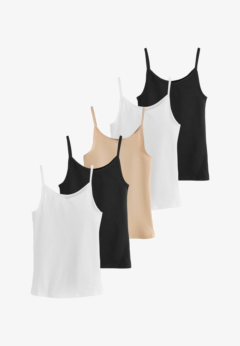 Cinq camisoles sans couture pour femmes avec fines bretelles dans les couleurs alternées noir, blanc et beige, affichées superposées sur un fond blanc.