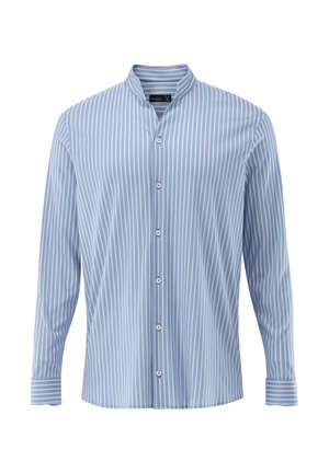 Hellblaues Hemd mit weißen vertikalen Streifen, langen Ärmeln und Stehkragen. Mit geradem Saum und Manschetten mit einem Knopf.