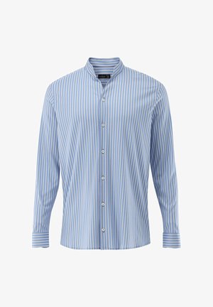 Hellblaues Hemd mit weißen vertikalen Streifen, langen Ärmeln und Stehkragen. Mit geradem Saum und Manschetten mit einem Knopf.