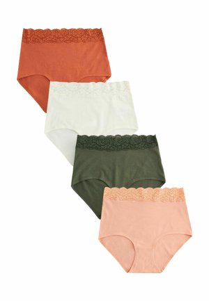 Štyri dámske nohavičky s vysokým pásom v farbách hrdza, biela, olivovo zelená a broskyňová, každé s detailom čipkovaného pásu.