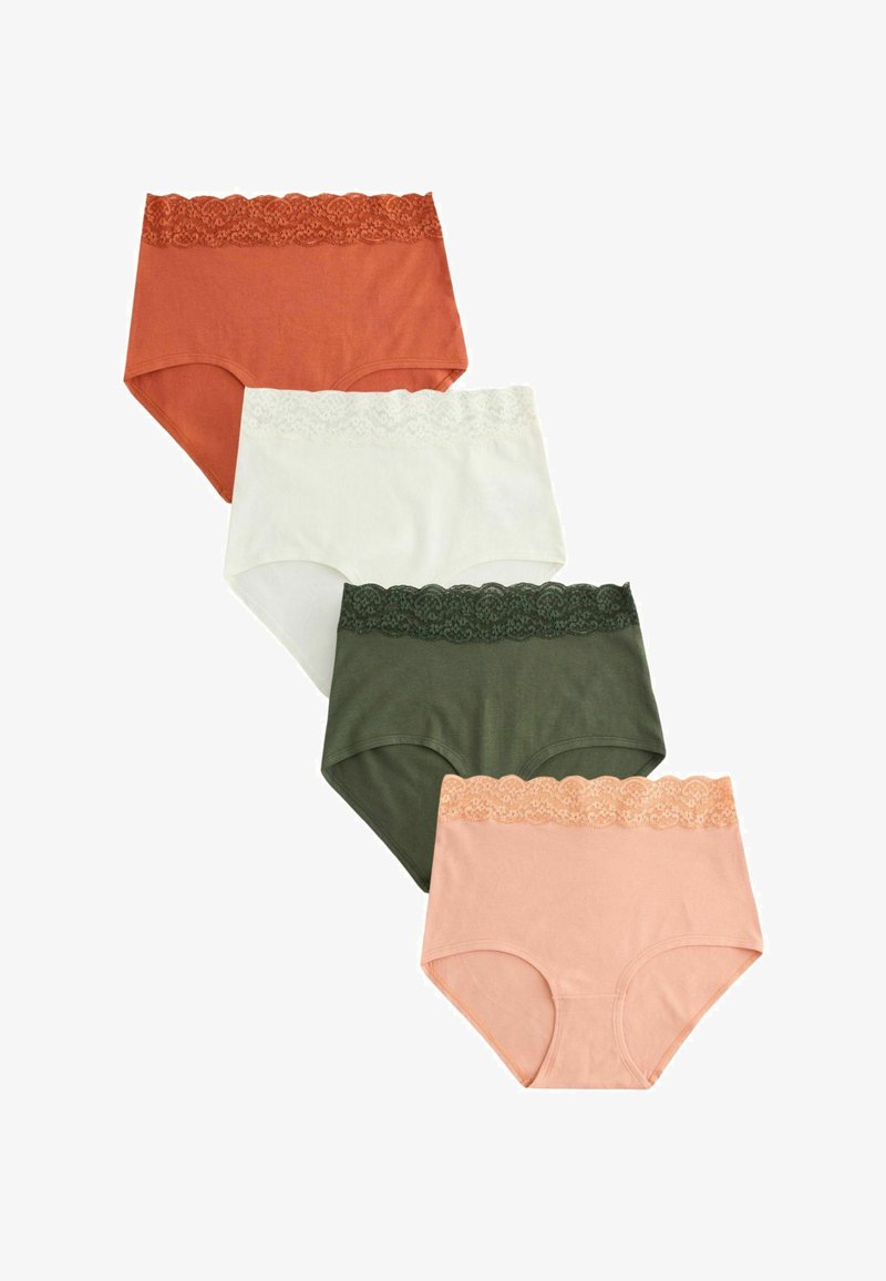Quatre sous-vêtements taille haute pour femmes en rouille, blanc, vert olive et pêche, chacun avec un détail de ceinture en dentelle.