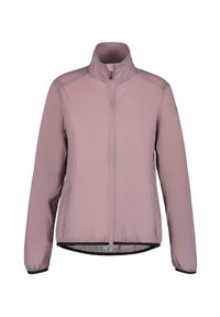 Lätt, rosa puffjacka med hög krage, full dragkedja och elastiska �ärmar. Har en slät yta och en stilren, minimalistisk design.