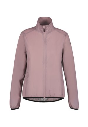 Leichte, rosa Pufferjacke mit hohem Kragen, durchgehendem Reißverschluss und elastischen Bündchen. Sie verfügt über eine glatte Textur und ein schlankes, minimalistisches Design.