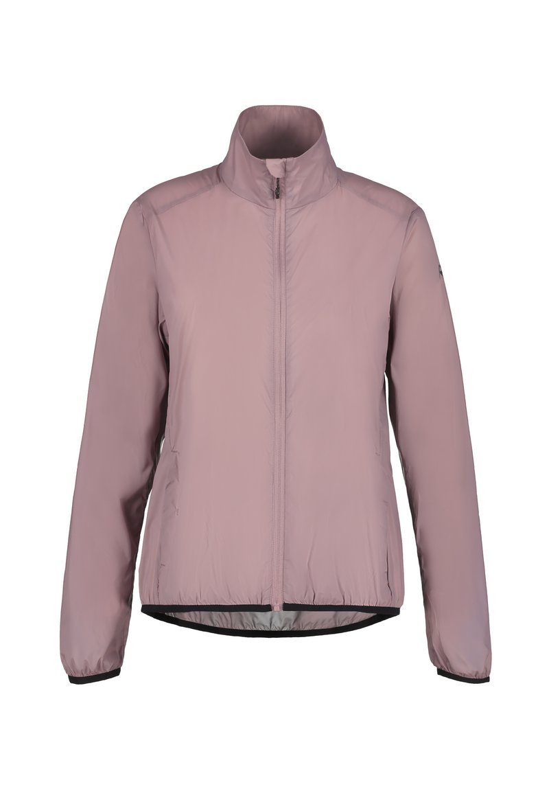 Lätt, rosa puffjacka med hög krage, full dragkedja och elastiska ärmar. Har en slät yta och en stilren, minimalistisk design.
