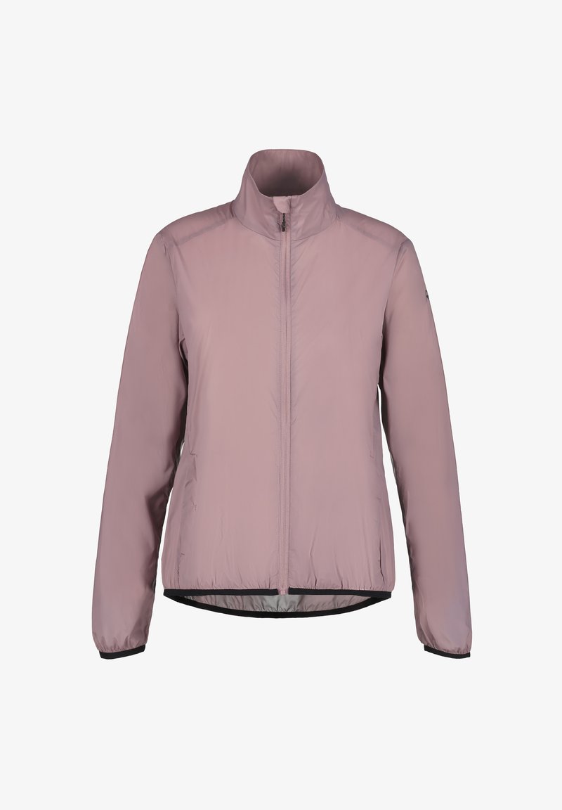 Leichte, rosa Pufferjacke mit hohem Kragen, durchgehendem Reißverschluss und elastischen Bündchen. Sie verfügt über eine glatte Textur und ein schlankes, minimalistisches Design.