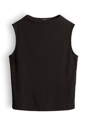 Zwarte mouwloze top met textuur, hoge ronde halslijn en rechte zoom.