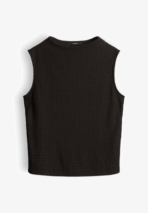 Zwarte mouwloze top met textuur, hoge ronde halslijn en rechte zoom.