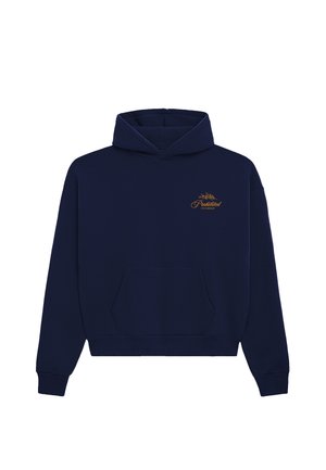Marineblauwe cropped hoodie van zacht materiaal, met een voorzak, een capuchon met koord en een gouden geborduurd merkembleem op de borst.