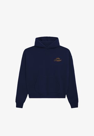 Marineblauwe cropped hoodie van zacht materiaal, met een voorzak, een capuchon met koord en een gouden geborduurd merkembleem op de borst.