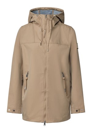 Veste beige clair avec capuche, dotée d'une fermeture éclair sur le devant, de poches latérales avec zippers et d'une texture de tissu lisse. Accents de design minimaliste.