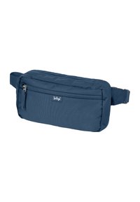 Borsa in tessuto blu a vita con tasca frontale con zip, forma rettangolare, strap regolabile e una piccola etichetta del marchio sul fronte.