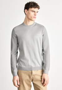 Pulover gri deschis cu guler rotund, mâneci lungi, manșete cu dungi și un logo discret al mărcii pe piept. Textură moale tricotată. Stil casual.