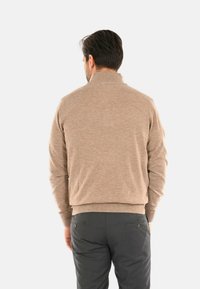 Maglione beige a maglia con collo alto, polsini e orlo a coste. Indossato sopra pantaloni grigi, visto di schiena su uno sfondo bianco puro.