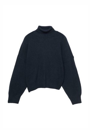 Pull à col roulé bleu marine foncé, coupe décontractée. Confectionné en tissu tricoté doux, avec épaules tombantes et ourlet court.